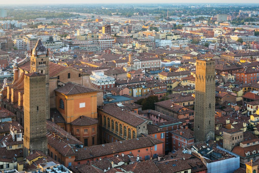 basilica san petronio and towers in Bologna city